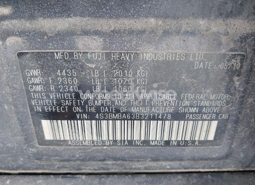 Photo 9 of 2011 Subaru Legacy 2.5I (VIN 4S3BMBA63B3211478)