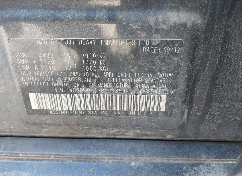 Photo 9 of 2013 Subaru Legacy 2.5I (VIN 4S3BMBA63D3016502)