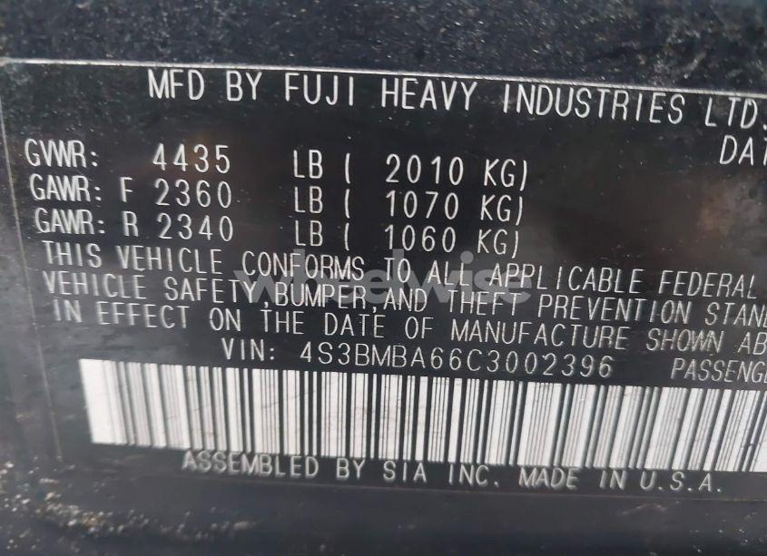 Photo 9 of 2012 Subaru Legacy 2.5I (VIN 4S3BMBA66C3002396)