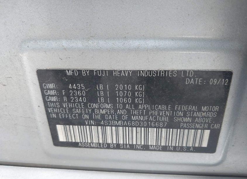 Photo 9 of 2013 Subaru Legacy 2.5I (VIN 4S3BMBA68D3016687)