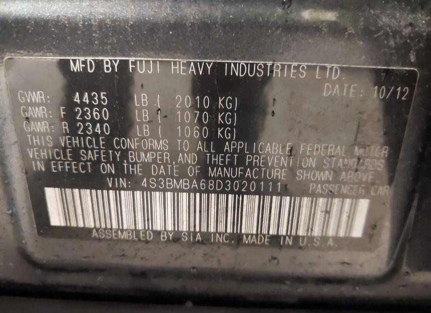 Photo 9 of 2013 Subaru Legacy 2.5I (VIN 4S3BMBA68D3020111)