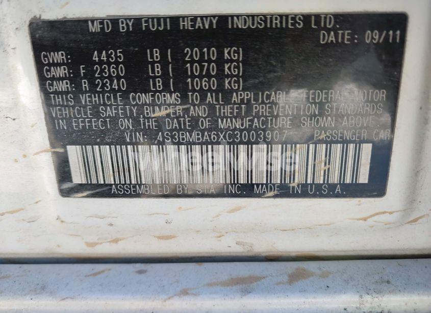 Photo 9 of 2012 Subaru Legacy 2.5I (VIN 4S3BMBA6XC3003907)