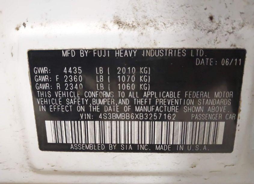 Photo 9 of 2011 Subaru Legacy 2.5I PREMIUM (VIN 4S3BMBB6XB3257162)
