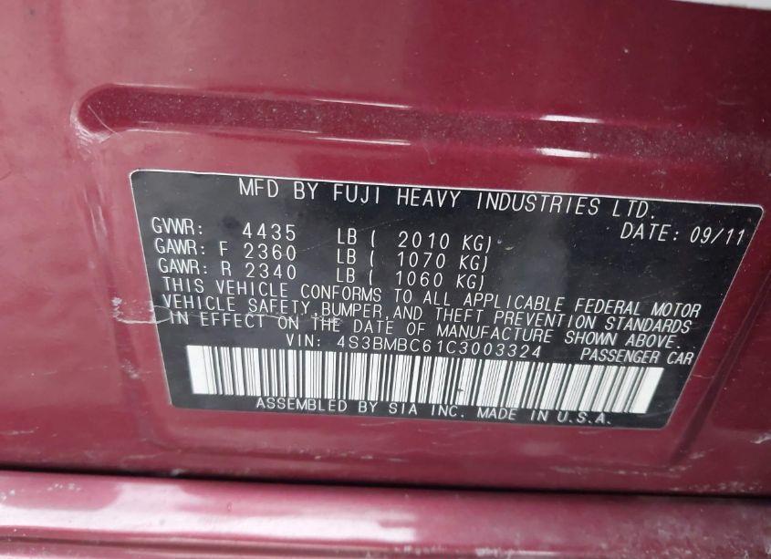 Photo 9 of 2012 Subaru Legacy 2.5I PREMIUM (VIN 4S3BMBC61C3003324)