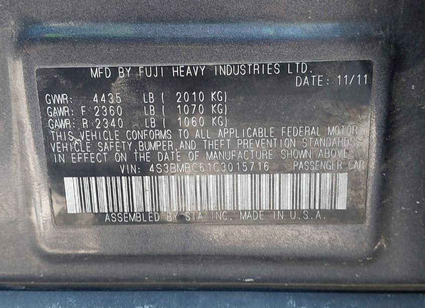 Photo 9 of 2012 Subaru Legacy 2.5I PREMIUM (VIN 4S3BMBC61C3015716)