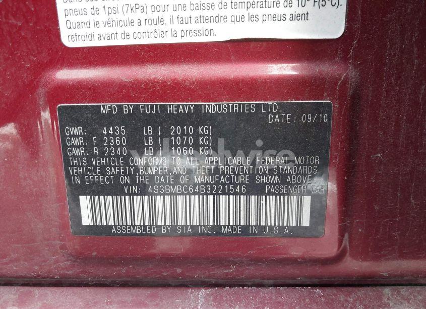 Photo 9 of 2011 Subaru Legacy 2.5I PREMIUM (VIN 4S3BMBC64B3221546)