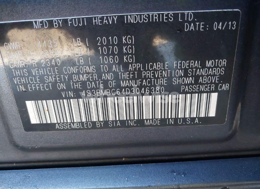 Photo 9 of 2013 Subaru Legacy 2.5I PREMIUM (VIN 4S3BMBC64D3046380)
