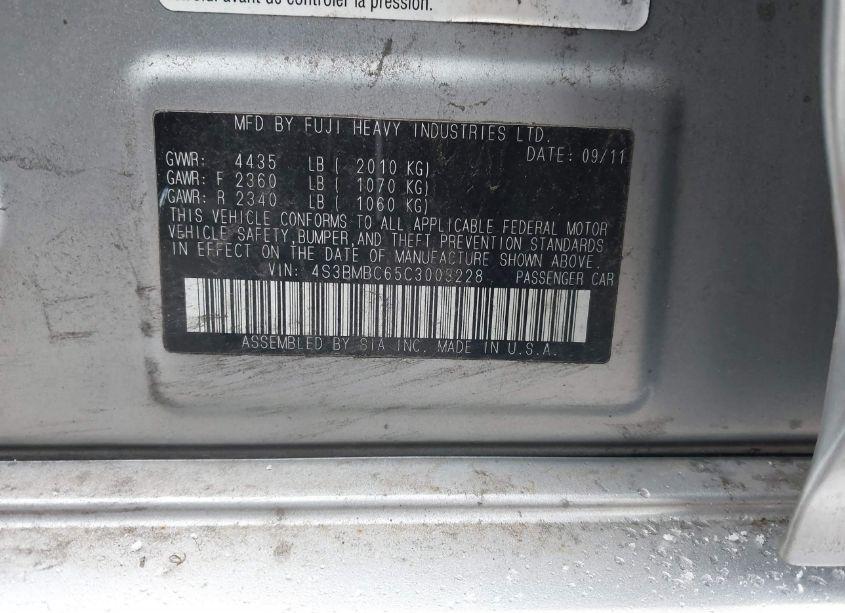 Photo 9 of 2012 Subaru Legacy 2.5I PREMIUM (VIN 4S3BMBC65C3003228)