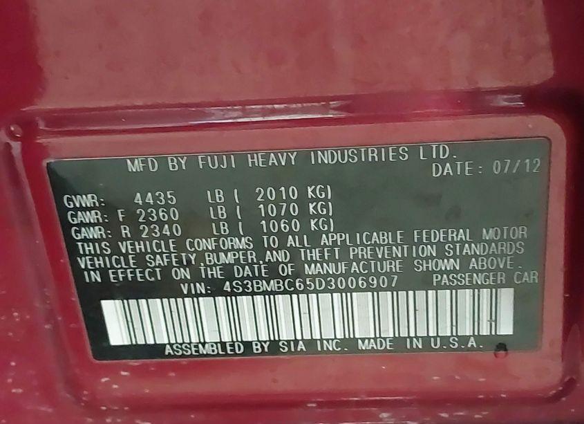 Photo 9 of 2013 Subaru Legacy 2.5I PREMIUM (VIN 4S3BMBC65D3006907)