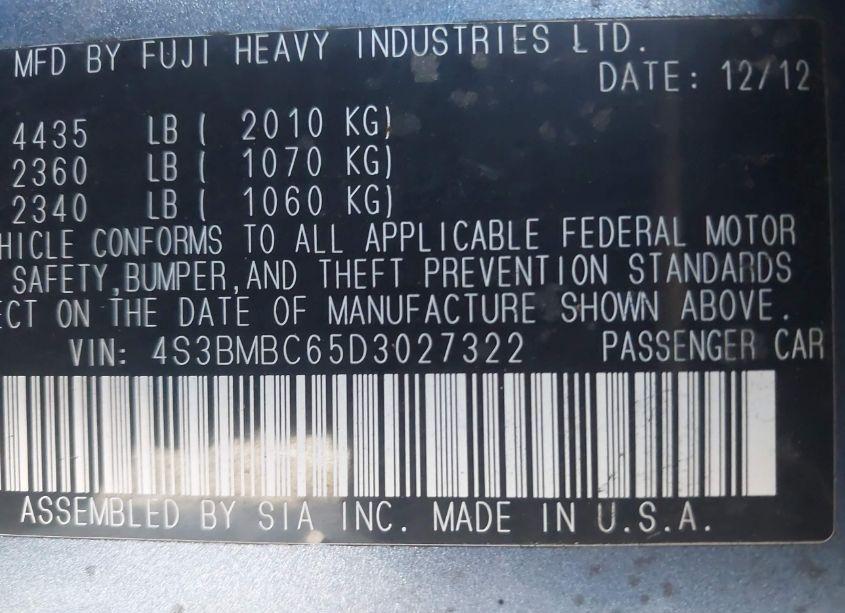 Photo 9 of 2013 Subaru Legacy 2.5I PREMIUM (VIN 4S3BMBC65D3027322)