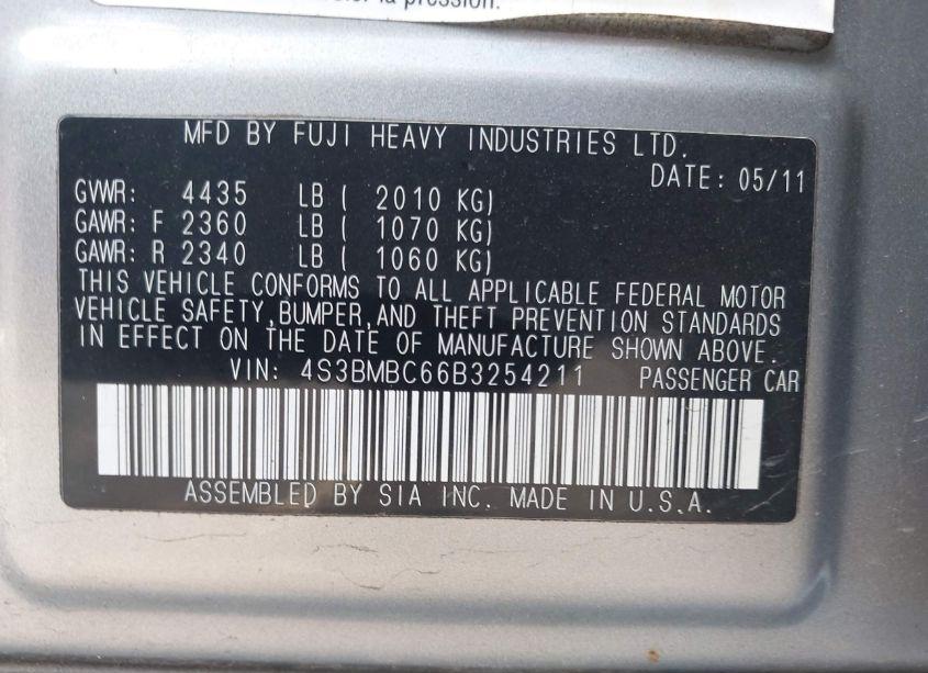 Photo 9 of 2011 Subaru Legacy 2.5I PREMIUM (VIN 4S3BMBC66B3254211)
