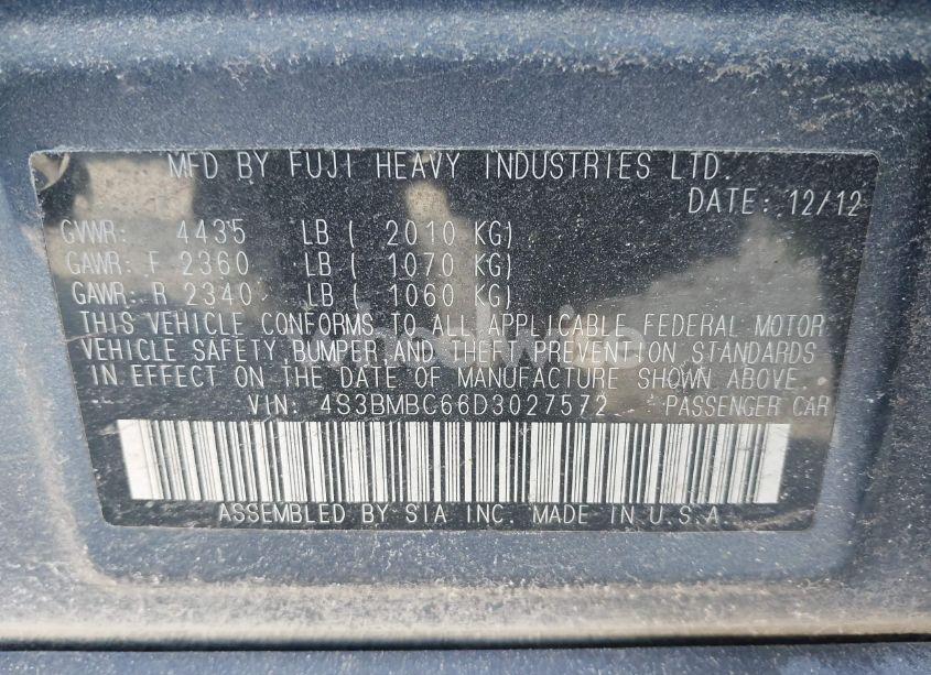 Photo 9 of 2013 Subaru Legacy 2.5I PREMIUM (VIN 4S3BMBC66D3027572)