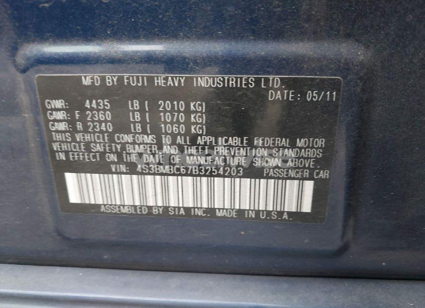 Photo 9 of 2011 Subaru Legacy 2.5I PREMIUM (VIN 4S3BMBC67B3254203)