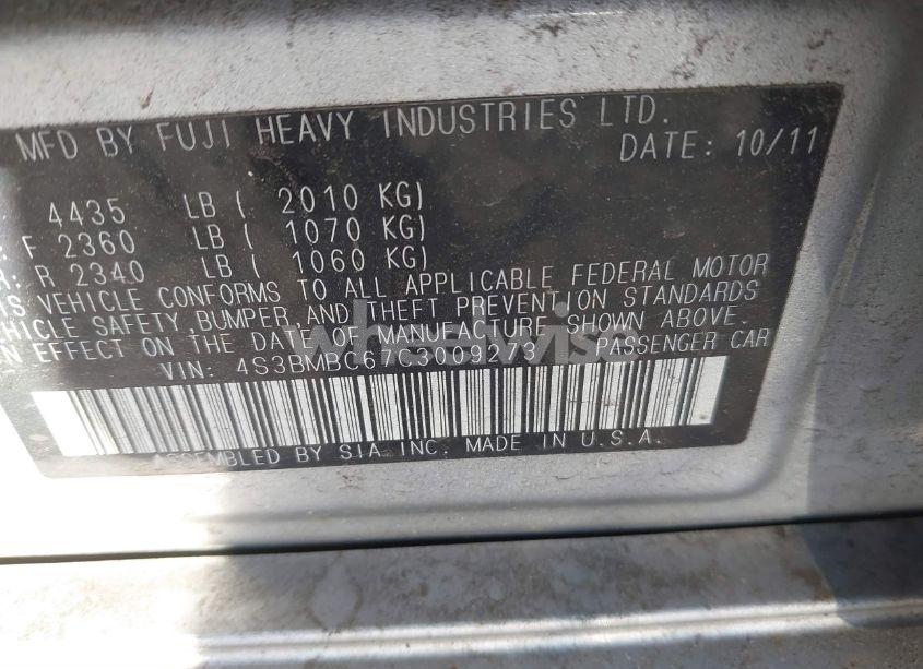 Photo 9 of 2012 Subaru Legacy 2.5I PREMIUM (VIN 4S3BMBC67C3009273)