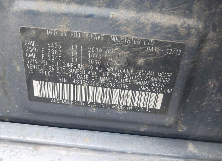 Photo 9 of 2013 Subaru Legacy 2.5I PREMIUM (VIN 4S3BMBC67D3027886)