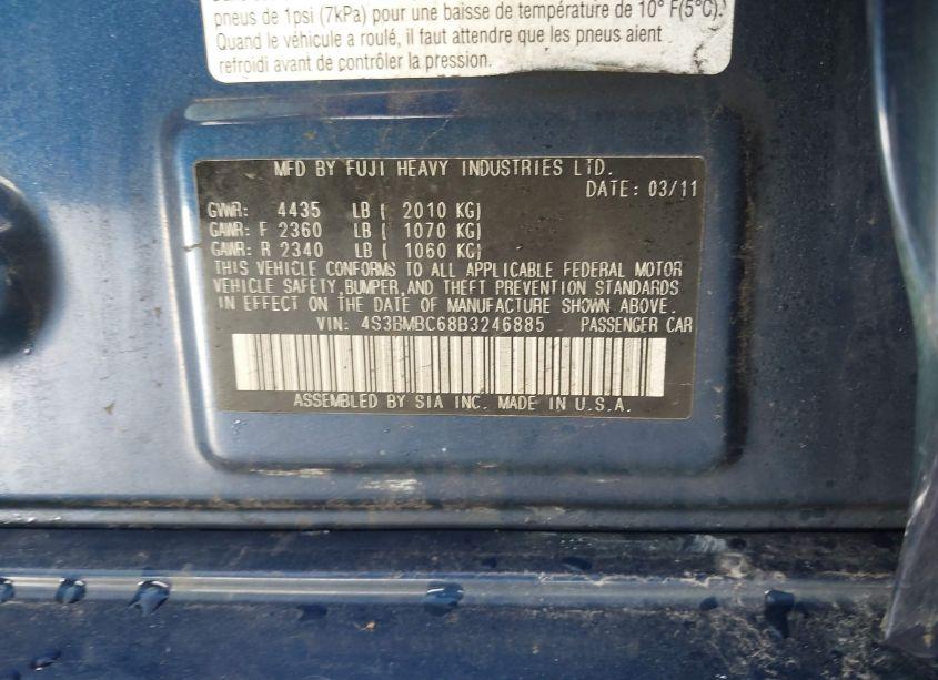 Photo 9 of 2011 Subaru Legacy 2.5I PREMIUM (VIN 4S3BMBC68B3246885)