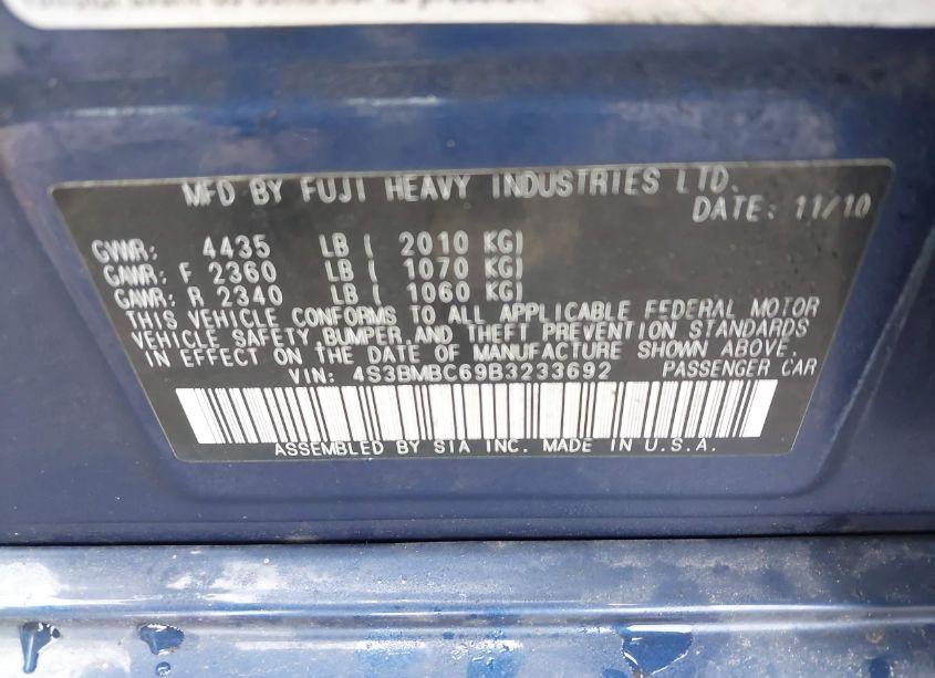 Photo 9 of 2011 Subaru Legacy 2.5I PREMIUM (VIN 4S3BMBC69B3233692)