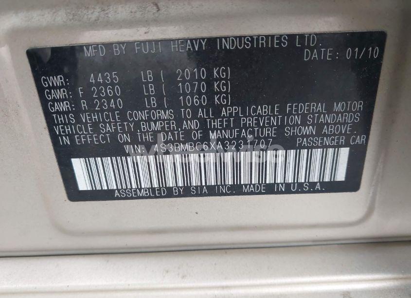 Photo 9 of 2010 Subaru Legacy 2.5I PREMIUM (VIN 4S3BMBC6XA3231707)