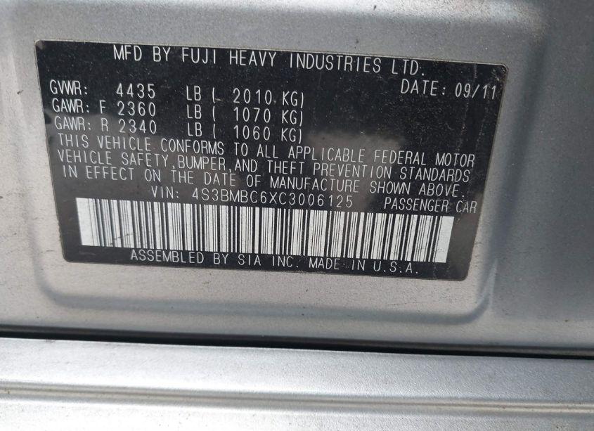 Photo 9 of 2012 Subaru Legacy 2.5I PREMIUM (VIN 4S3BMBC6XC3006125)