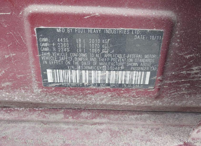 Photo 9 of 2012 Subaru Legacy 2.5I PREMIUM (VIN 4S3BMBC6XC3010482)