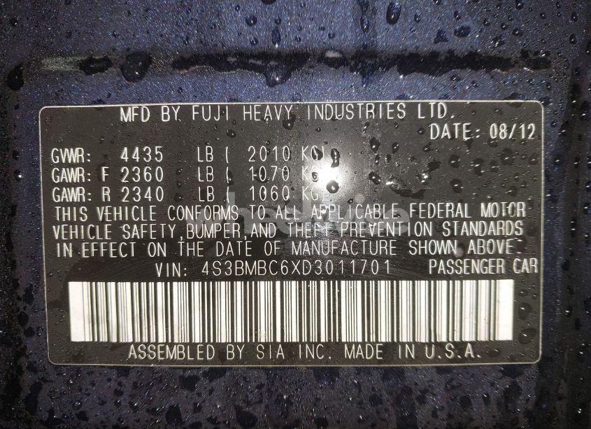 Photo 9 of 2013 Subaru Legacy 2.5I PREMIUM (VIN 4S3BMBC6XD3011701)