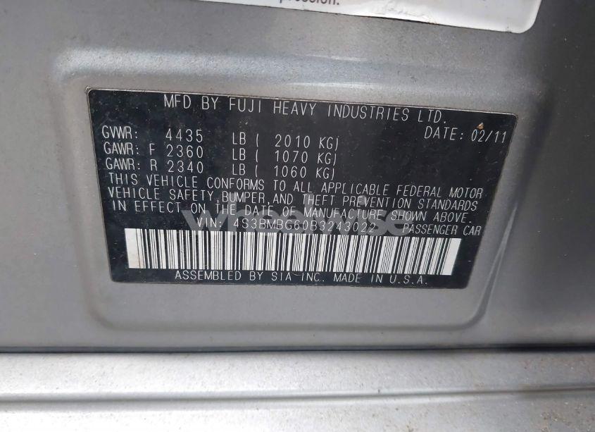 Photo 9 of 2011 Subaru Legacy 2.5I PREMIUM (VIN 4S3BMBG60B3243022)