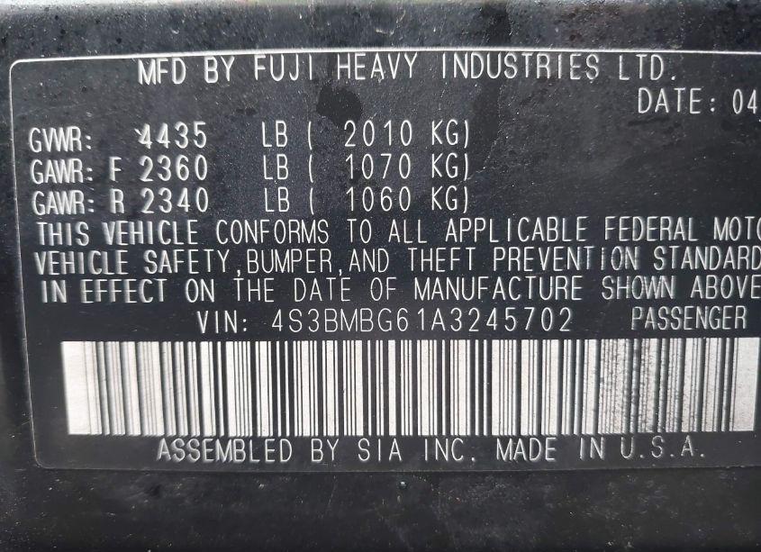 Photo 9 of 2010 Subaru Legacy 2.5I PREMIUM (VIN 4S3BMBG61A3245702)