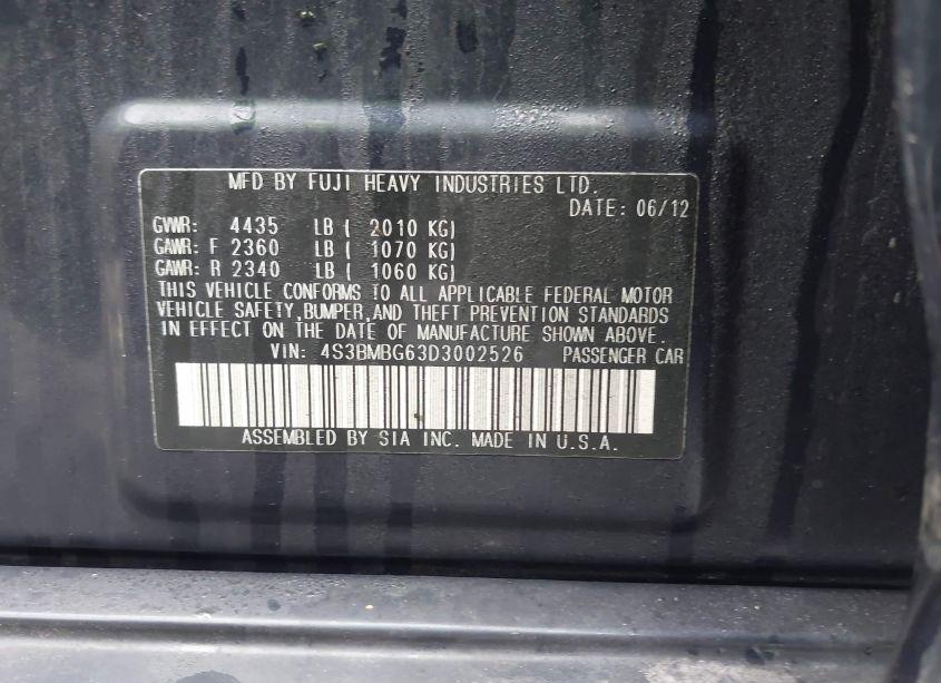 Photo 9 of 2013 Subaru Legacy 2.5I PREMIUM (VIN 4S3BMBG63D3002526)