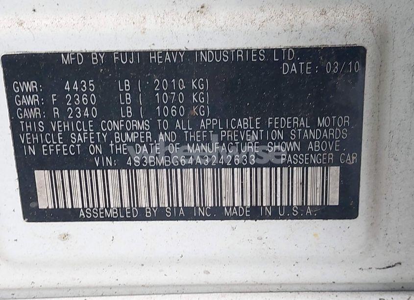 Photo 9 of 2010 Subaru Legacy 2.5I PREMIUM (VIN 4S3BMBG64A3242633)