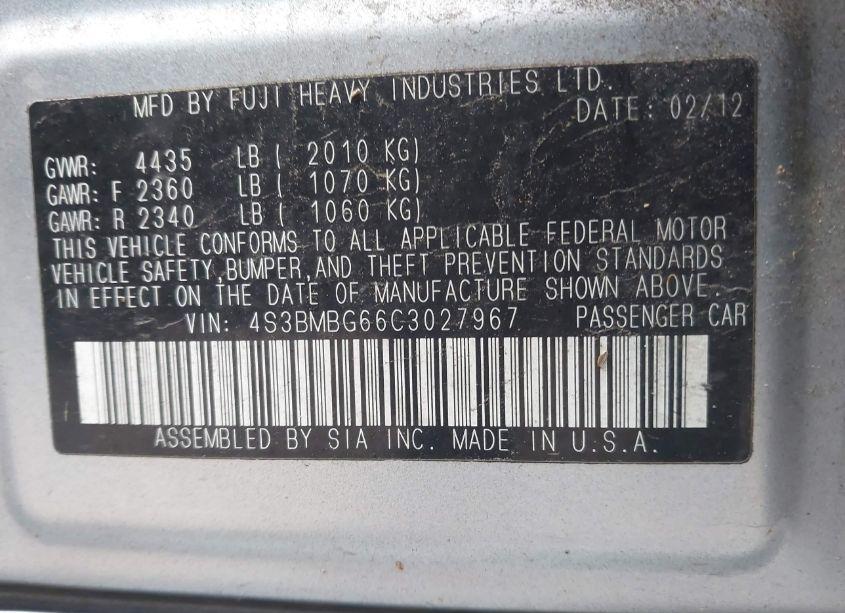 Photo 9 of 2012 Subaru Legacy 2.5I PREMIUM (VIN 4S3BMBG66C3027967)