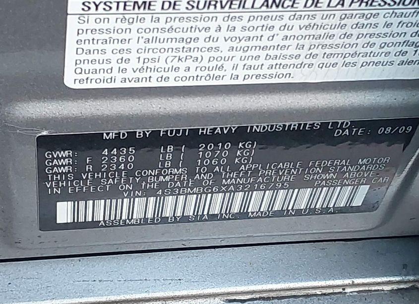 Photo 9 of 2010 Subaru Legacy 2.5I PREMIUM (VIN 4S3BMBG6XA3216795)