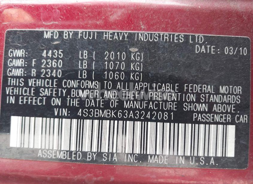 Photo 9 of 2010 Subaru Legacy 2.5I LIMITED (VIN 4S3BMBK63A3242081)