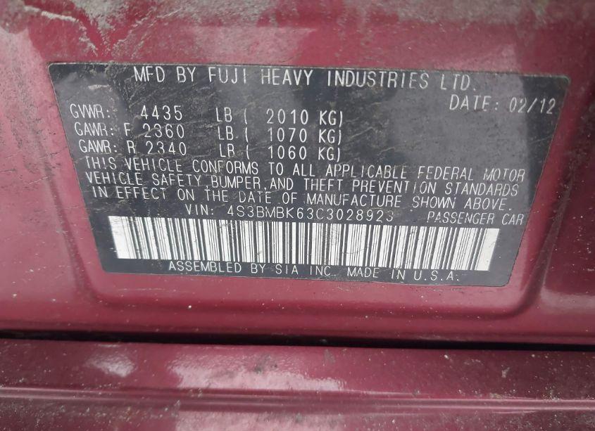 Photo 9 of 2012 Subaru Legacy 2.5I LIMITED (VIN 4S3BMBK63C3028923)