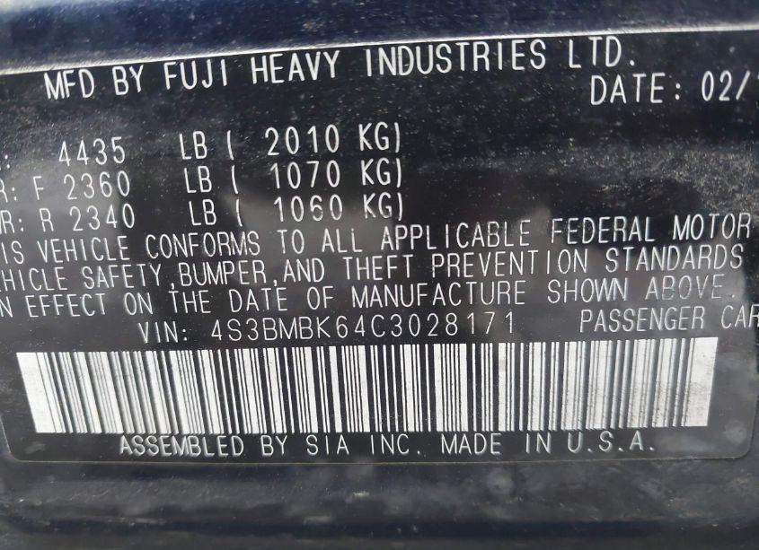 Photo 9 of 2012 Subaru Legacy 2.5I LIMITED (VIN 4S3BMBK64C3028171)