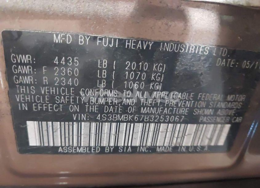 Photo 9 of 2011 Subaru Legacy 2.5I LIMITED (VIN 4S3BMBK67B3253067)