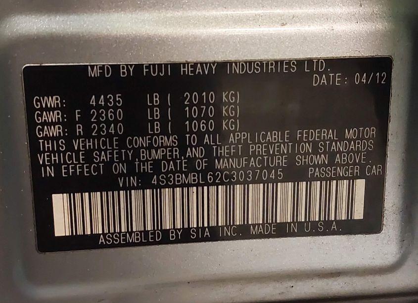 Photo 9 of 2012 Subaru Legacy 2.5I LIMITED (VIN 4S3BMBL62C3037045)