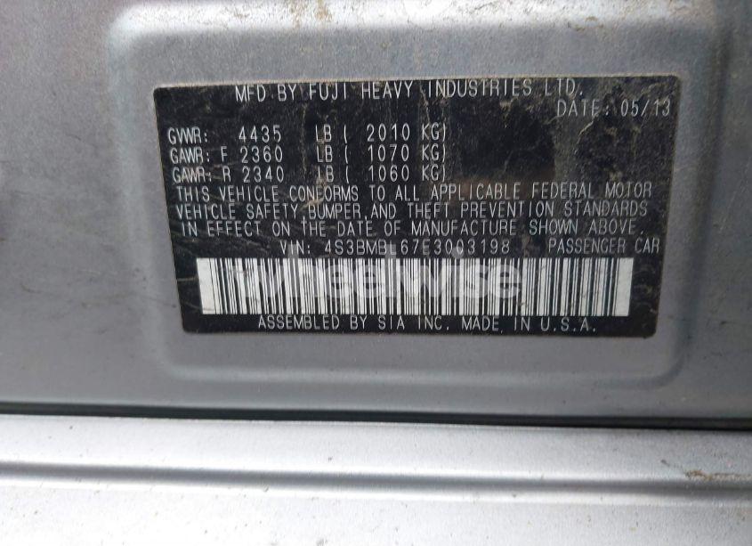 Photo 9 of 2014 Subaru Legacy 2.5I LIMITED (VIN 4S3BMBL67E3003198)