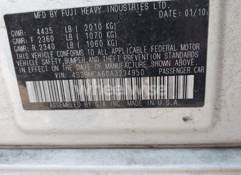 Photo 9 of 2010 Subaru Legacy 2.5I (VIN 4S3BMCA60A3234950)
