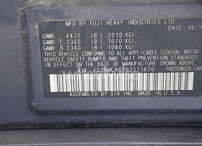 Photo 9 of 2011 Subaru Legacy 2.5I (VIN 4S3BMCA64B3213620)