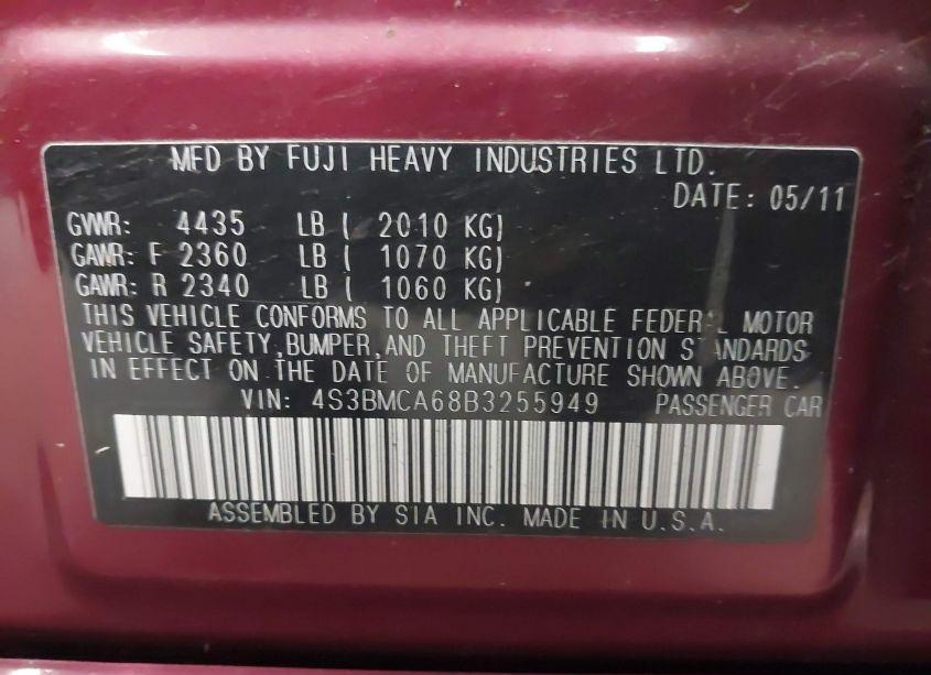 Photo 9 of 2011 Subaru Legacy 2.5I (VIN 4S3BMCA68B3255949)