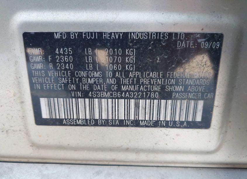 Photo 9 of 2010 Subaru Legacy 2.5I PREMIUM (VIN 4S3BMCB64A3221780)