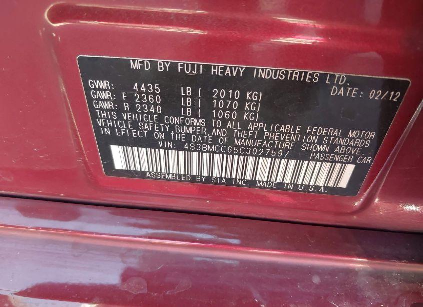 Photo 9 of 2012 Subaru Legacy 2.5I PREMIUM (VIN 4S3BMCC65C3027597)
