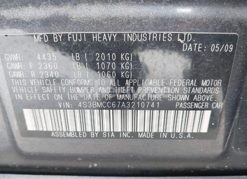 Photo 9 of 2010 Subaru Legacy 2.5I PREMIUM (VIN 4S3BMCC67A3210741)