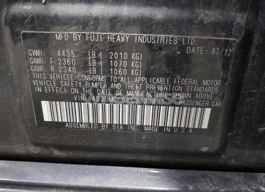 Photo 9 of 2012 Subaru Legacy 2.5I PREMIUM (VIN 4S3BMCC6XC3033881)
