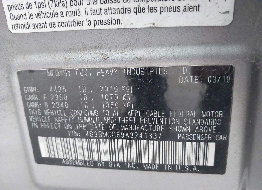 Photo 9 of 2010 Subaru Legacy 2.5I PREMIUM (VIN 4S3BMCG69A3241337)