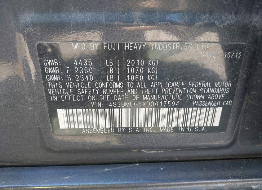 Photo 9 of 2013 Subaru Legacy 2.5I PREMIUM (VIN 4S3BMCG6XD3017594)