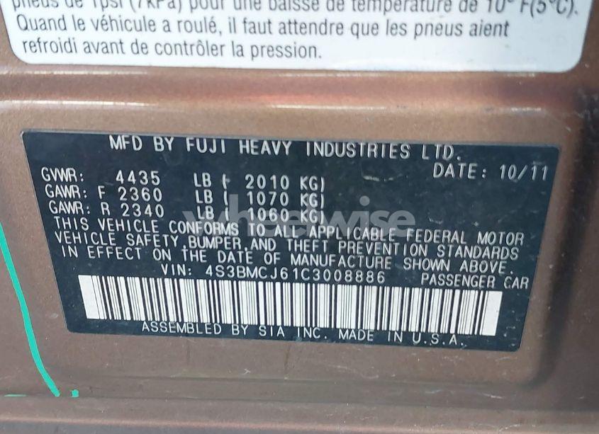 Photo 9 of 2012 Subaru Legacy 2.5I LIMITED (VIN 4S3BMCJ61C3008886)