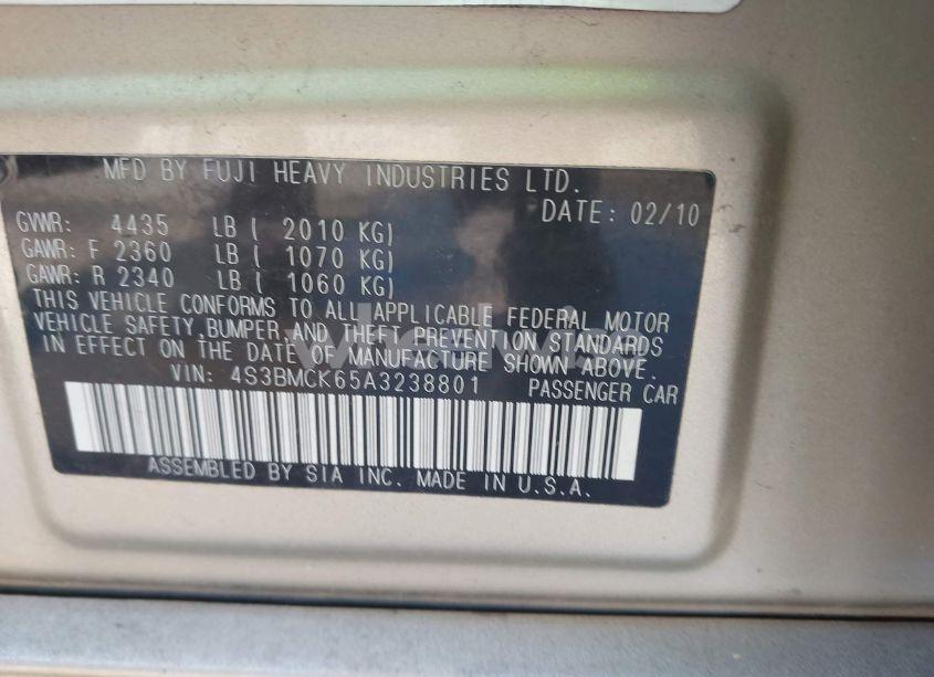 Photo 9 of 2010 Subaru Legacy 2.5I LIMITED (VIN 4S3BMCK65A3238801)
