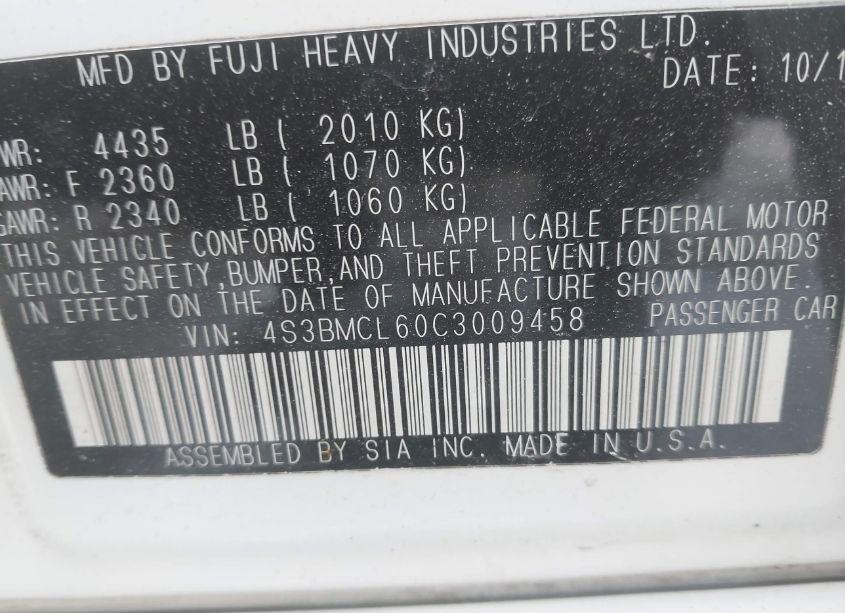 Photo 9 of 2012 Subaru Legacy 2.5I LIMITED (VIN 4S3BMCL60C3009458)