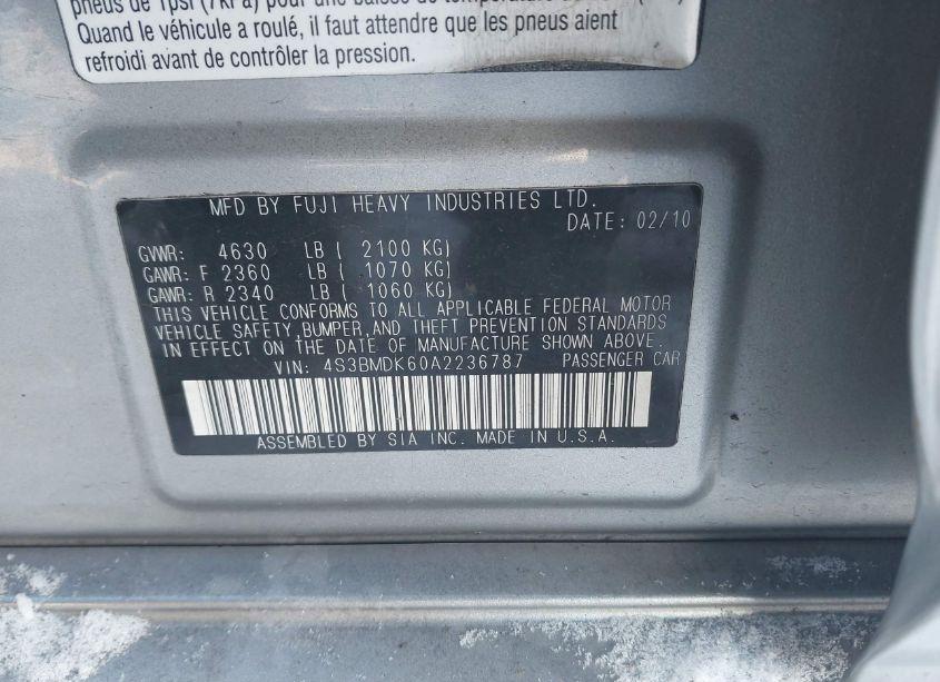 Photo 9 of 2010 Subaru Legacy 3.6R LIMITED (VIN 4S3BMDK60A2236787)